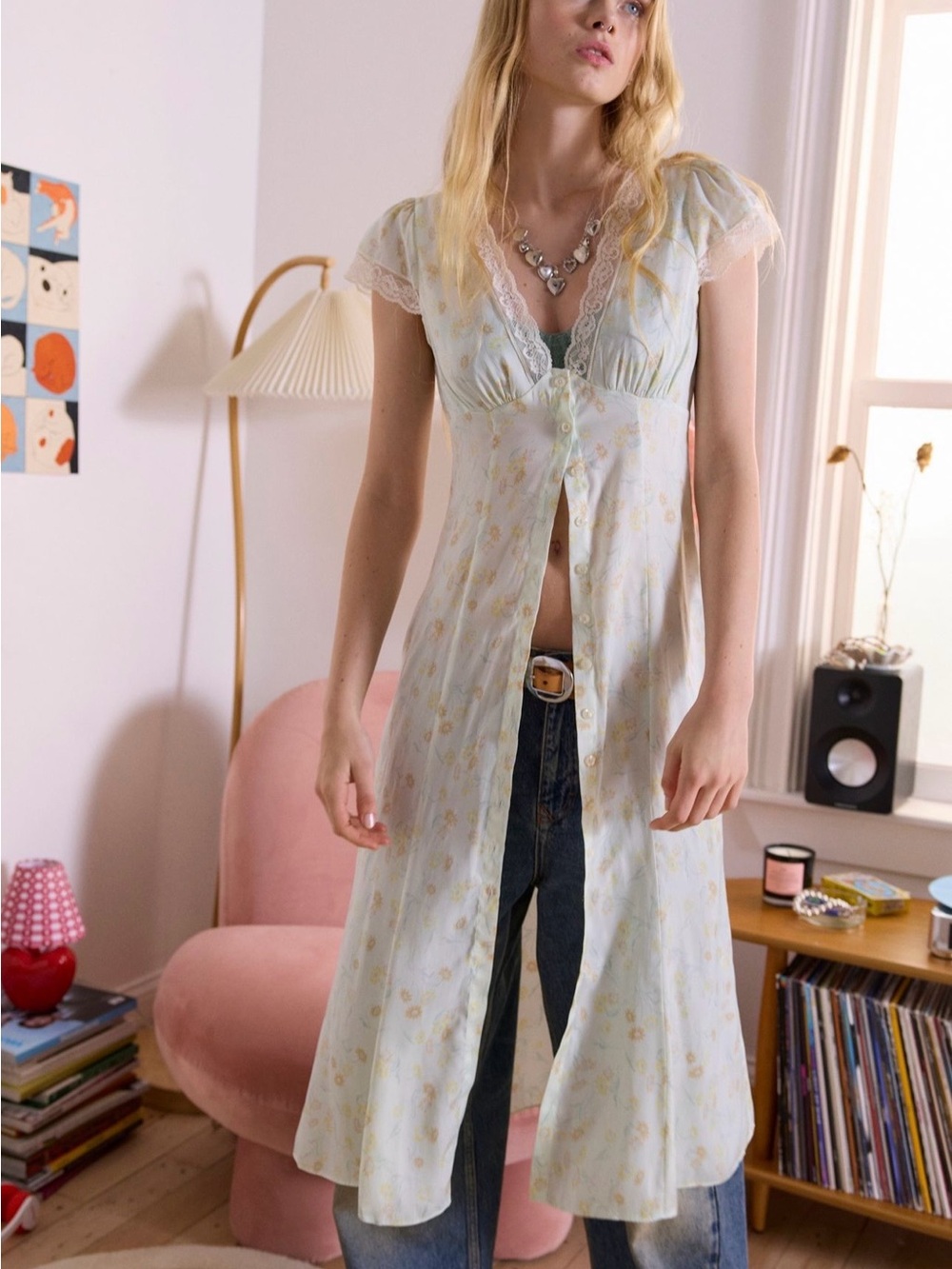 Kimchi Blue Mint Green Floral Lace-Trim Button-Front Maxi Dress